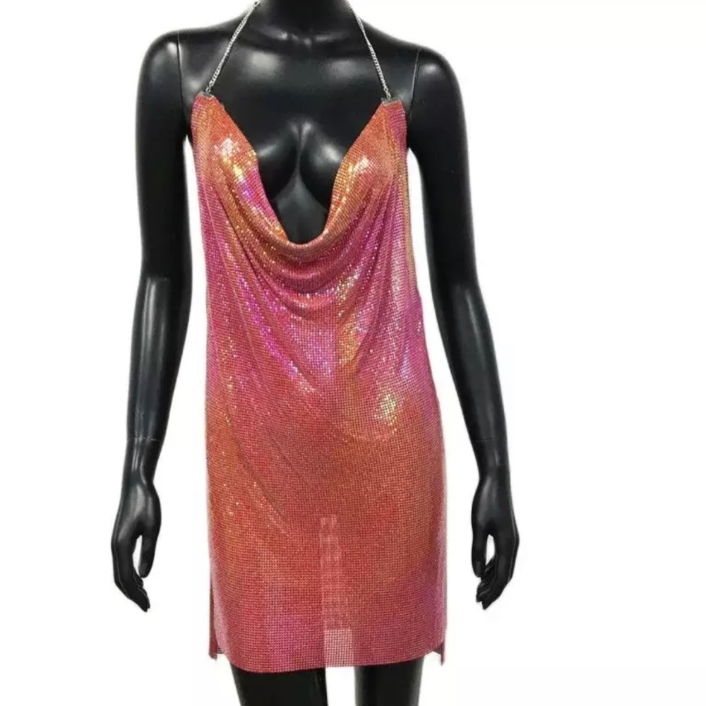 HALTER RHINESTONE CHAIN DRESS